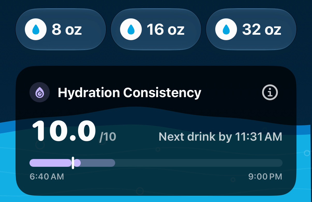 After tapping the 16 oz quick add: the card reads 10.0 out of 10, 'Next drink by 11:31 AM'.