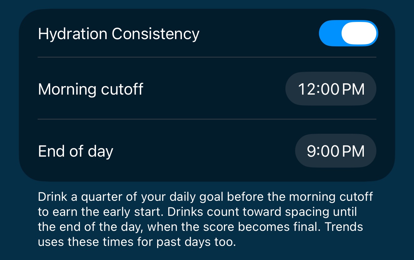 Hydration Consistency settings: an on/off switch, Morning cutoff 12:00 PM, End of day 9:00 PM, and a footer explaining both times.
