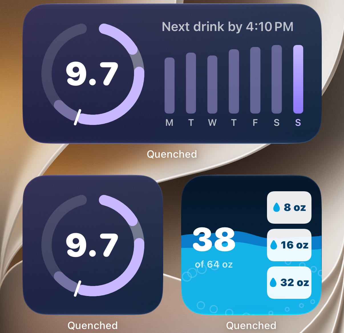 An iPhone Home Screen with a medium Hydration Consistency widget (9.7, 'Next drink by 4:10 PM', seven daily bars), a small one showing the 9.7 ring, and the small Quenched water widget at 38 of 64 oz.