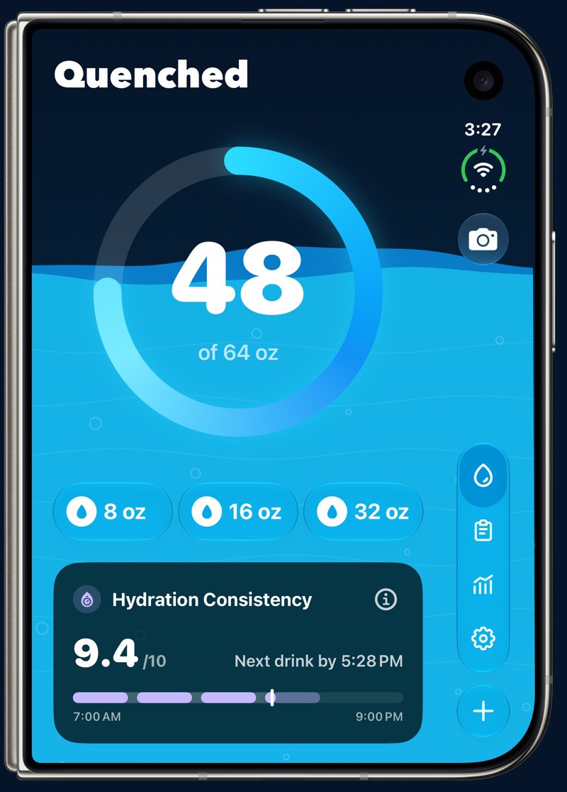 A folded Star White iPhone Duo showing Quenched's Today screen: 48 of 64 oz, 8, 16 and 32 oz quick adds, and a Hydration Consistency score of 9.4, with the tabs, camera and + in a side bar on the right.