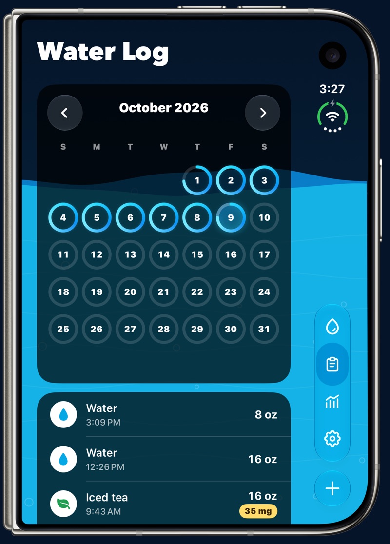 Water Log folded: the October 2026 calendar with the day's drinks starting below it.