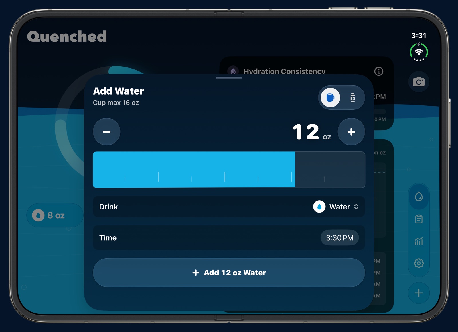 The Add Water sheet on an open iPhone Duo, with 12 oz dialed in, Water selected, a time of 3:30 PM and an Add 12 oz Water button.