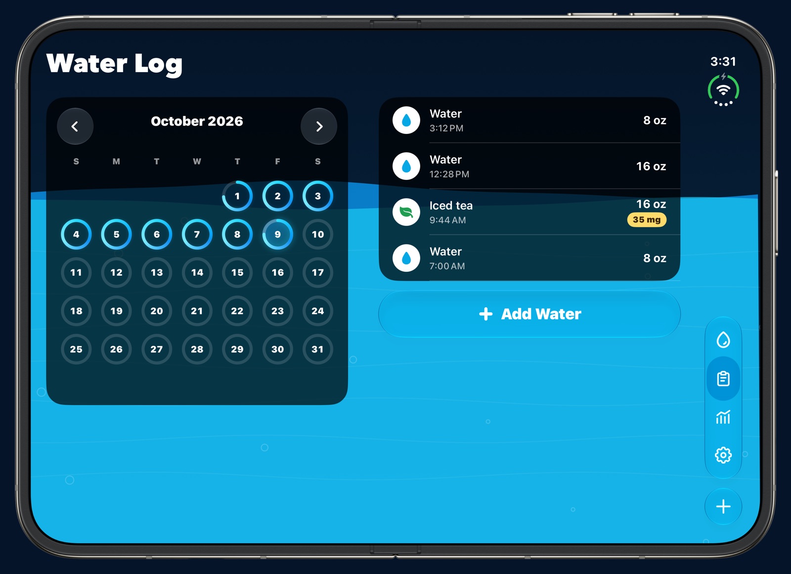 Water Log on an open iPhone Duo: the October 2026 calendar on the left, and that day's drinks (water, water, iced tea with 35 mg caffeine, water) with an Add Water button on the right.