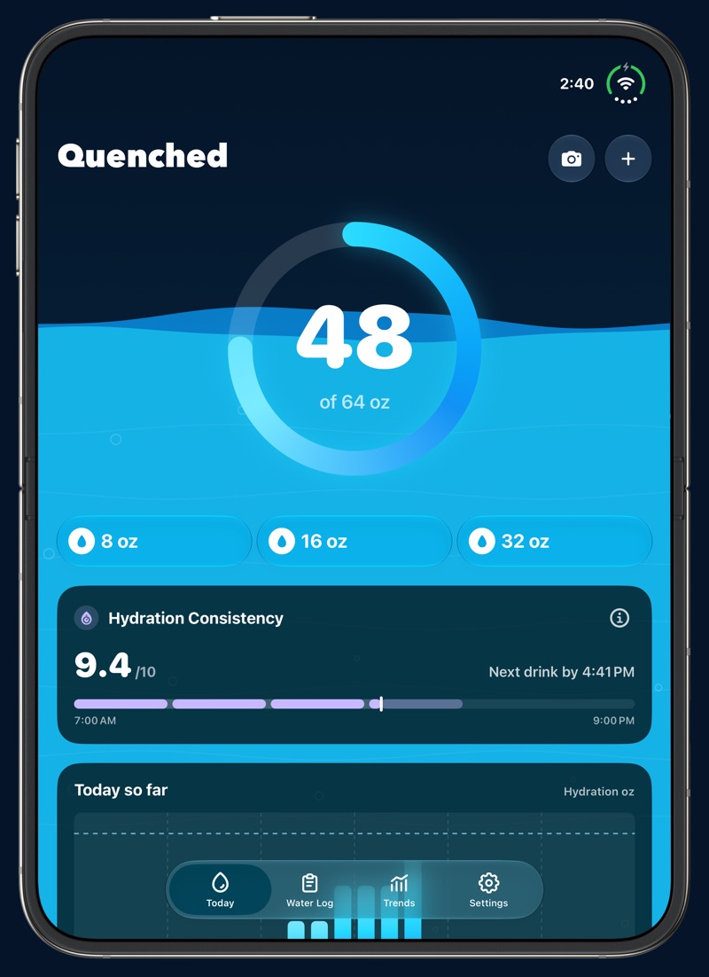 An open iPhone Duo held in portrait showing Today in a single column: the 48 of 64 oz ring, quick adds, the Hydration Consistency card, and a tab bar along the bottom.