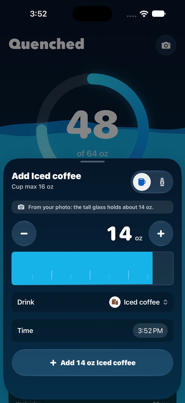 Quenched Add sheet prefilled from a photo: a note reads 'From your photo: the tall glass holds about 14 oz.' with 14 oz dialed in and Iced coffee selected as the drink.