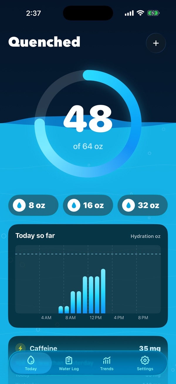 Quenched Today screen: a progress ring reading 48 of 64 oz over a rising water level, with 8, 16, and 32 oz quick-add buttons.