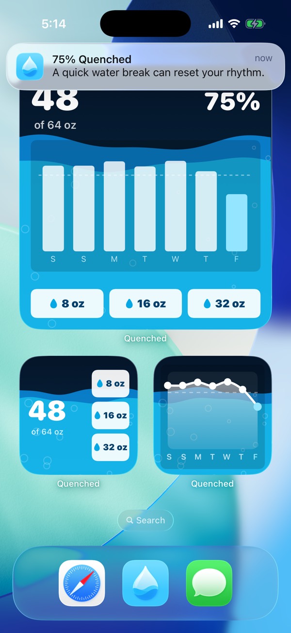 iPhone Home Screen with three Quenched widgets showing daily progress, quick-add buttons, and a weekly trend line.
