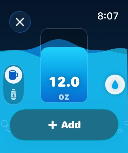 Quenched Apple Watch add-water screen: a 12.0 oz amount with cup and bottle presets and an Add button.