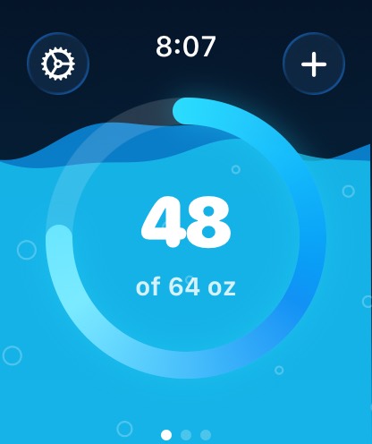 Quenched on Apple Watch: a progress ring reading 48 of 64 oz over a rising water level.